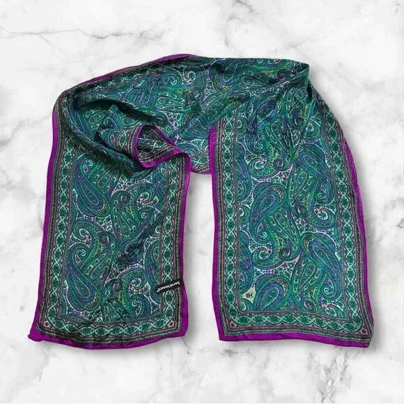 Vintage Harvé Benard Green and Purple Paisley Silk evening scarf - Picture 5 of 11